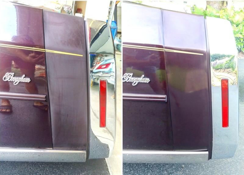 1988 Brougham rubber bumper filler dull (left) and rejuvenated equalling the original paint job (right)