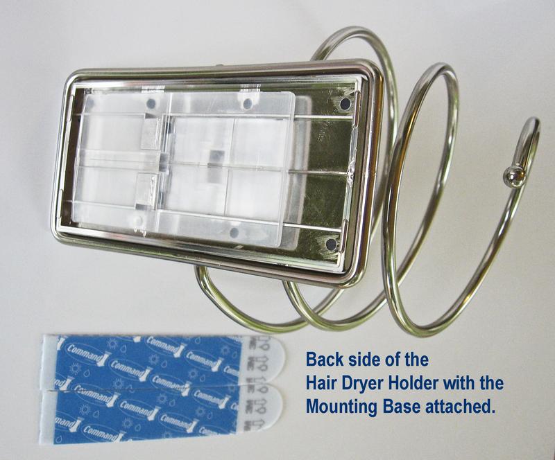 Satin Nickel Hair Dryer Holder showing the back attachment area and adhesive tabs.
