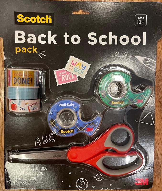 Scotch Back to School Pack, Includes 1 Pair Multi-Purpose Scissors, 3 Rolls  Expressions Tapes, 1 Roll Magic Tape, and 1 Roll Wall-Safe Tape