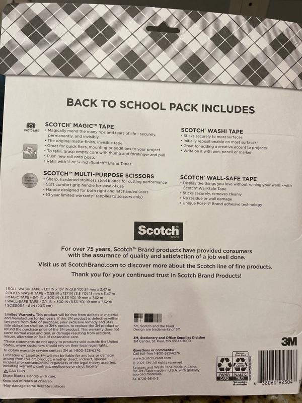  Scotch Back to School Pack, Includes 1 Pair Multi-Purpose  Scissors, 3 Rolls Expressions Tapes, 1 Roll Magic Tape, and 1 Roll  Wall-Safe Tape (BTSPKScotch-21) : Office Products