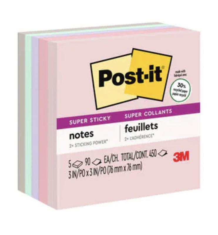 Post-it® Recycled Super Sticky Notes, 3 in x 3 in, Wanderlust Pastels  Collection, 24 Pads/Pack