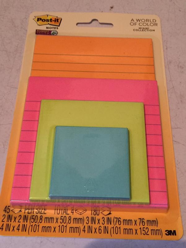 Post-it® Super Sticky Notes, Assorted Sizes, Supernova Neons Collection,  Lined and unlined, 4 Pads/Pack, 45 Sheets/Pad