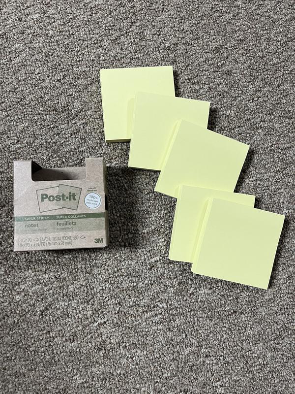 3M Post-it® 100% Recycled Paper Super Sticky Notes, 3 x 3, Canary  Yellow, 70 Sheets/Pad, 5 Pads/Pack, MMM654R5SSCY