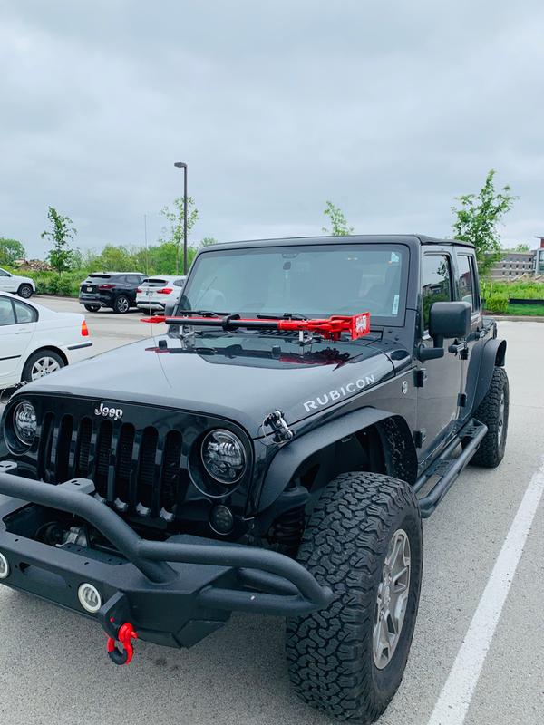 Smittybilt SRC Gen 2 Front Bumper, Smittybilt XRC 4-inch Steel Fender Flare, Smittybilt D-Ring Shackle, JW Speaker Evolution J3 Black, Hi-Lift Jack, BF Goodrich KO2 All-Terrain 285/75R17. All purchased from local 4 Wheel Parts Store.