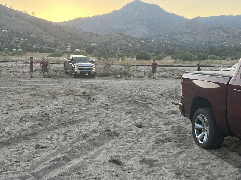 Winching out a 2WD Ram from the soft sand at Lake Isabella