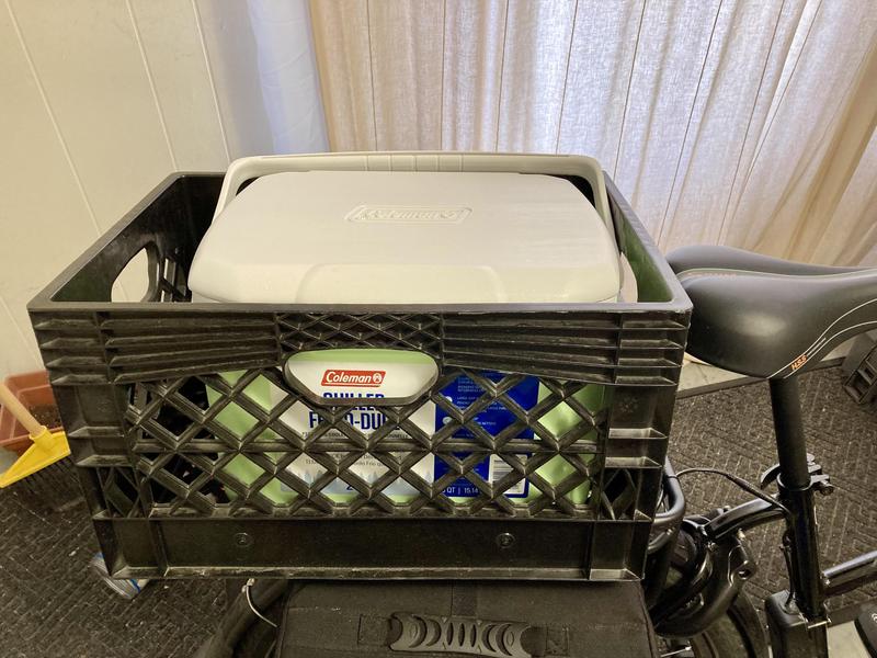 The Coleman Chiller 16 qt inside the milk crate on my bicycle.