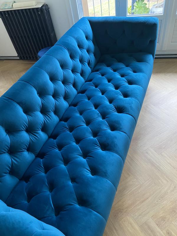 Canape Droit 3 Places En Velours Vega Coloris Bleu Conforama