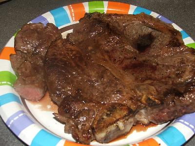 Golden brown crust on the outside and pink on the inside