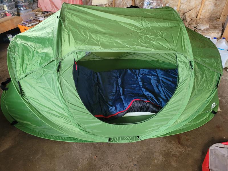 Set up with Woods sleeping bad and a foam pad from Canadian Tire