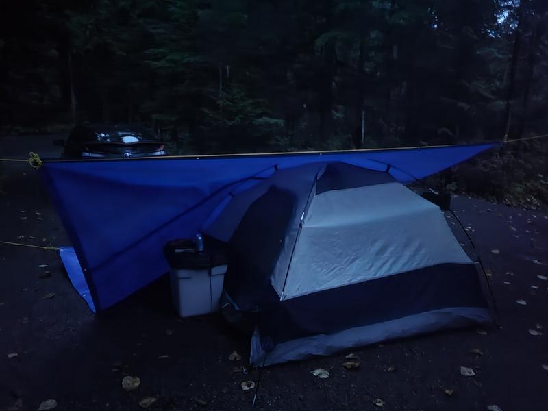 Setup after dark, in the rain.