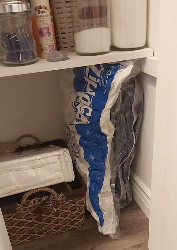 This bag contains 2 pillows and a very thick set of fleece sheets! Without the bag, this would have taken up 2 full shelves of my linen closet.