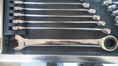 Normal Master craft wrenches (14 piece) fits fine. Certain sizes of Mastercraft Maximum Ratcheting wrenches don't fit in order of size, due to width of the wrench head.