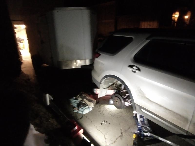 Late night emergency brake job before morning 3 hr drive to set up for the big trade show.