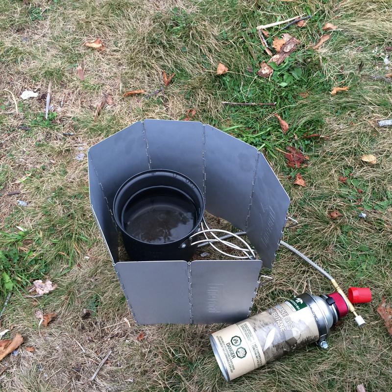 Butane canister using butane to Lindal adapter, with pipe clamps to orient canister correctly.