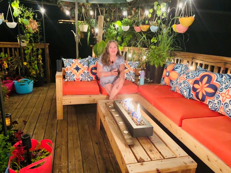 Canvas Wallace Outdoor Tabletop Fire Pit on Custom Cedar Table