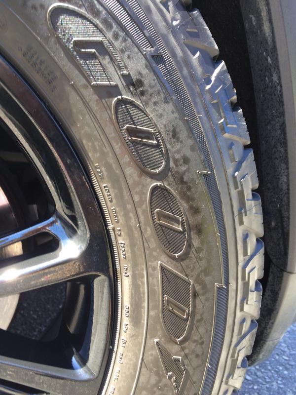 After brush/soap pressure wash clean, left on the tire to foam. Leaves blotches even after 2-3 applications