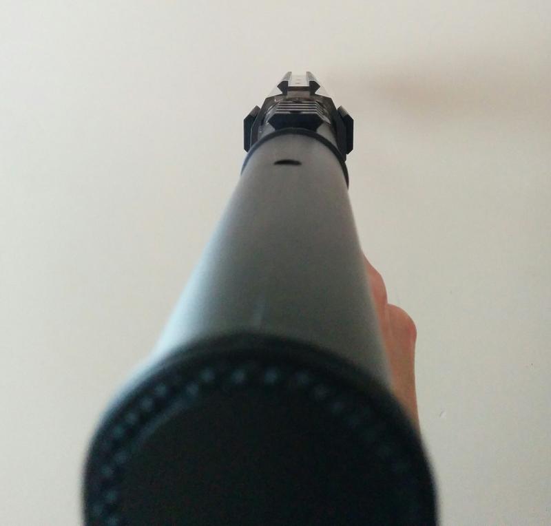 Missing plastic sights. Need to aim with the rail.