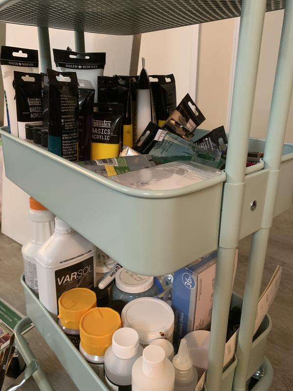 I put my main art supplies here as I always move around my place and this is making the job easier than carrying all my stuff one by one!!