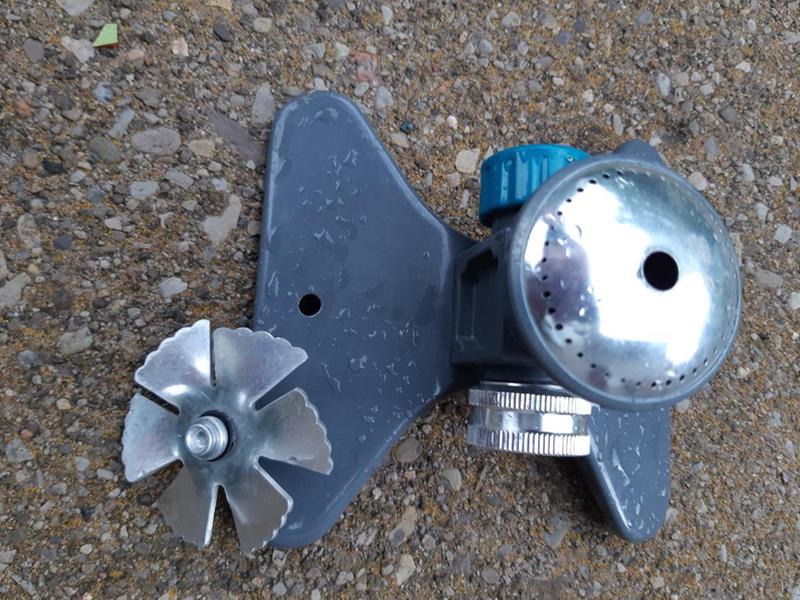 Broken sprinkler.  No way to reattach whirlygig.