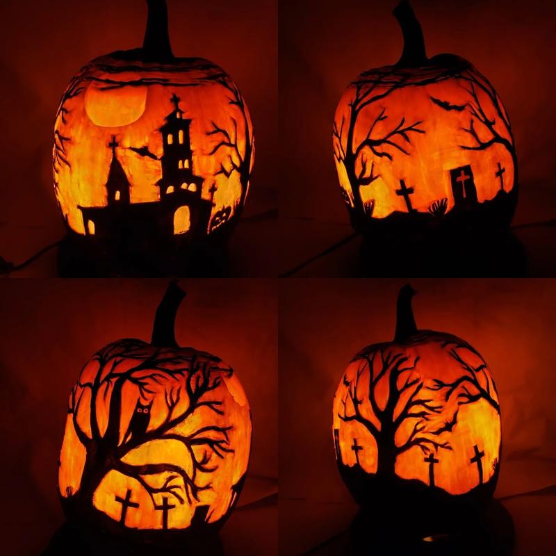 Halloween Graveyard Scene Pumpkin - Carved and Painted