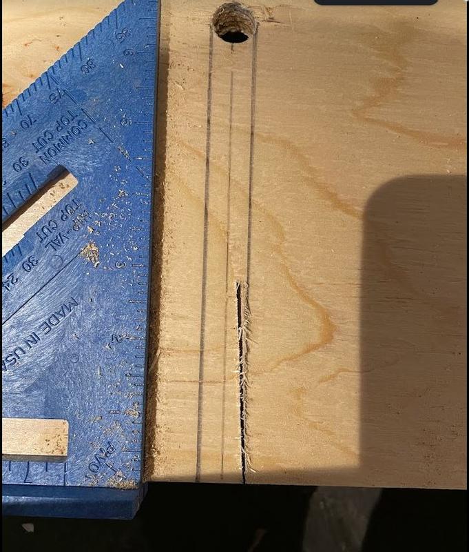 Cut using the speed square as a guide fence and the saw blade wandered left.