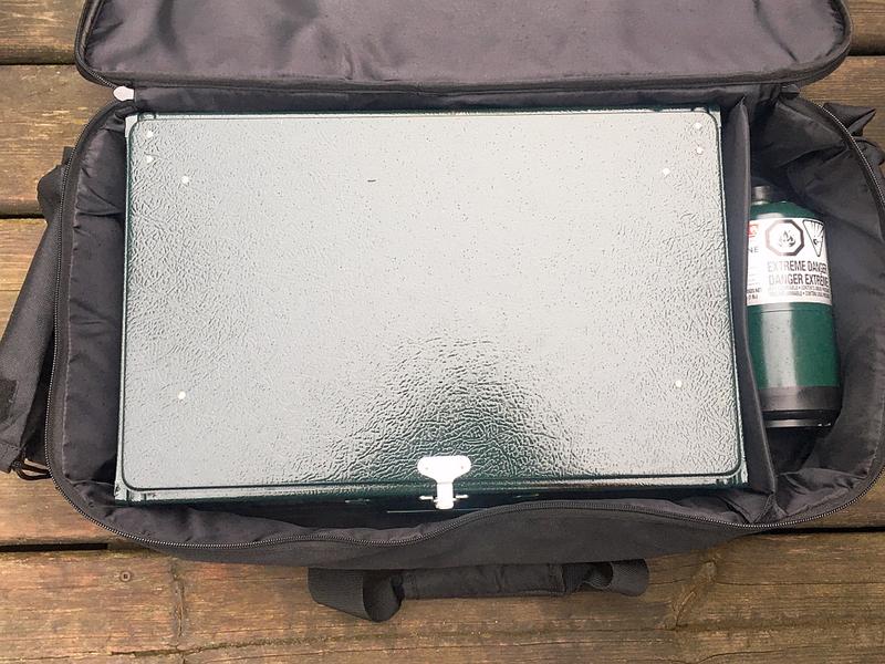 Internal divider allows enough room for my camp stove and a 1lb bottle of propane