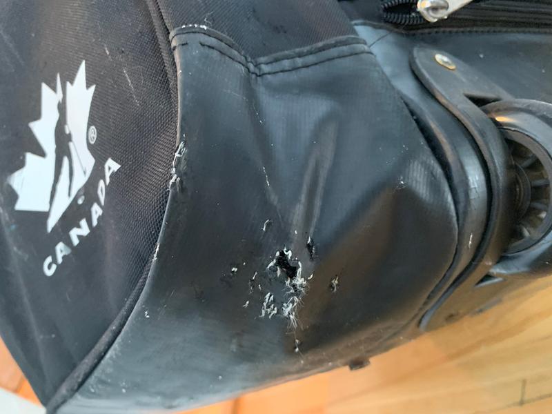 Bottom left of the bag