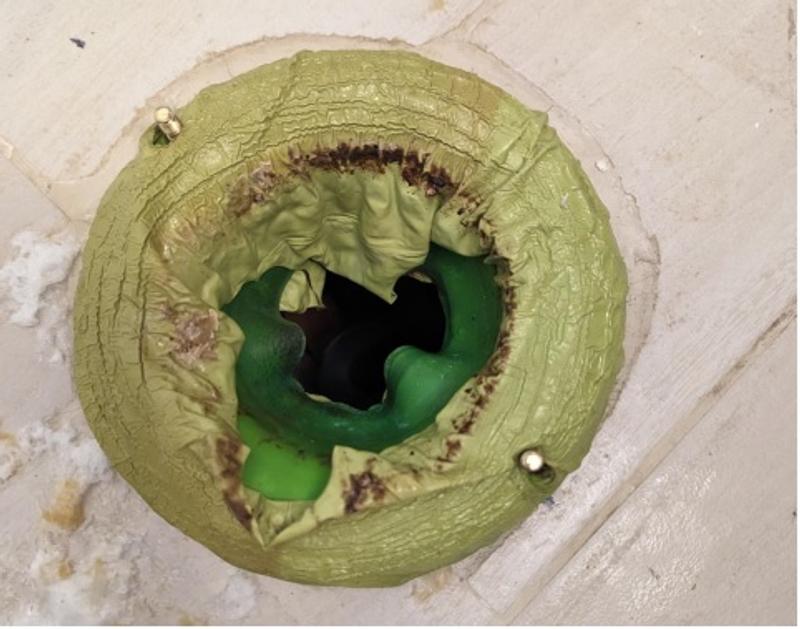 ripped rubber breaks air-tight seal so toiled will gurgle and clog often