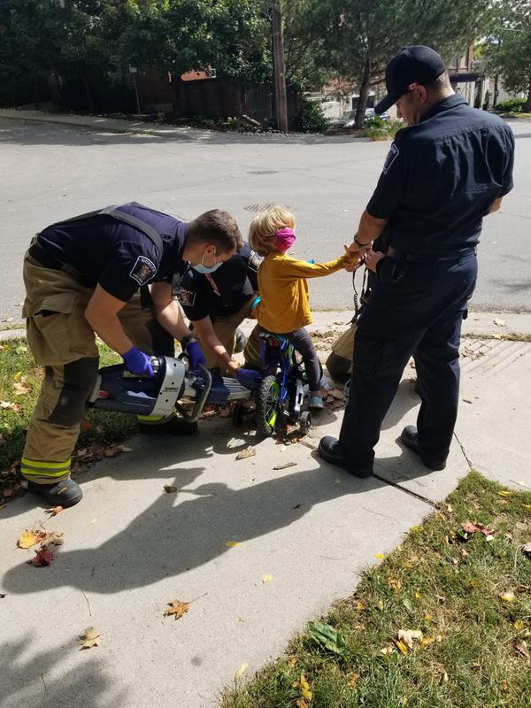 Fire Department freeing my son from this bike using the jaws of life.