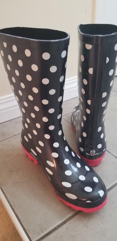 Women's Waterproof Polka Dot Rubber Rain Boots, Durable Outsole, Black with  White Dots