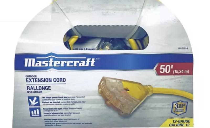 Canadian Tire] Mastercraft Outdoor 50' AWG12 Extension Cord with