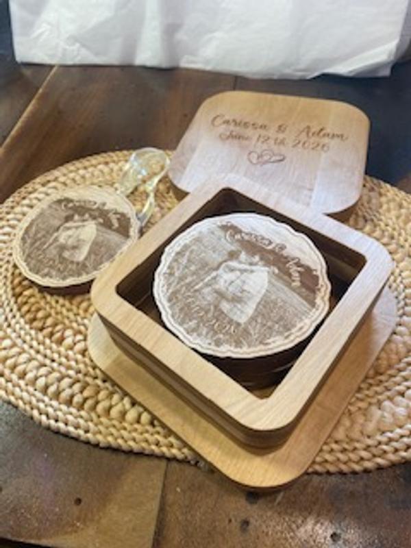 Laser Engraved Coasters & Storage Box all cut out with a CNC