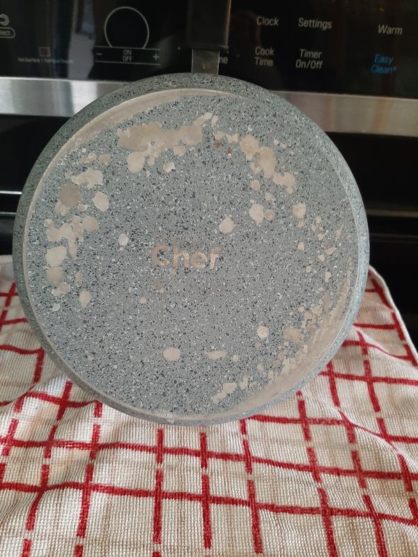 What is left of coating on bottom of pan