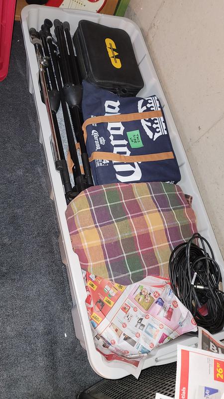 cymbal stands and hardware, drum mics, mixer, even 3 smaller cymbals are in there