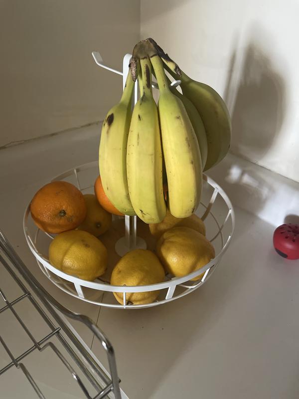 Type A Linear Metal Fruit Bowl/Basket with Banana Hanger & Wooden Base,  White