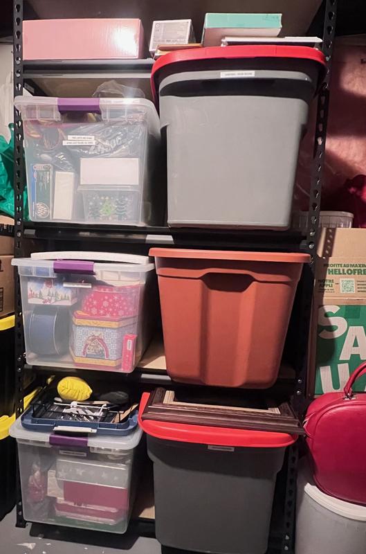 Clear bins on 36" metal shelving.