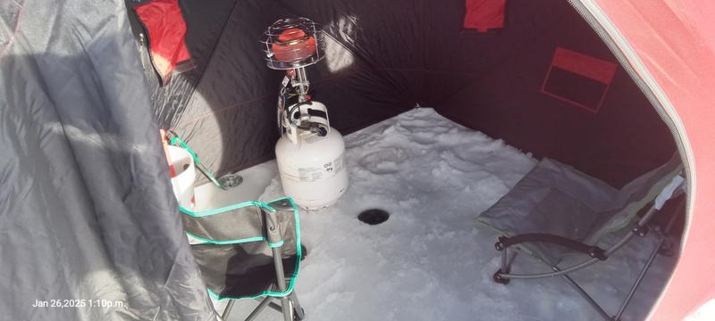 The propane heater (76-2914) in this picture was too hot, so we downsized to the single burner unit (76-2130) in the next picture.