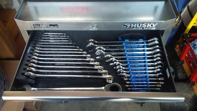 Mastercraft wrenches in holder on the left. Mastercraft Maximum Ratcheting wrenches on the right in the holder of the other wrenches.