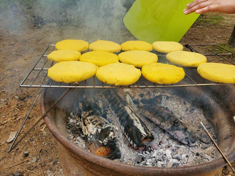 Arepas for lunch. Sat atop the bonfire pit, legs didnt touch the ground.