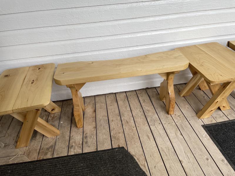 2 benches, 2 side tables, one swing and one garbage can