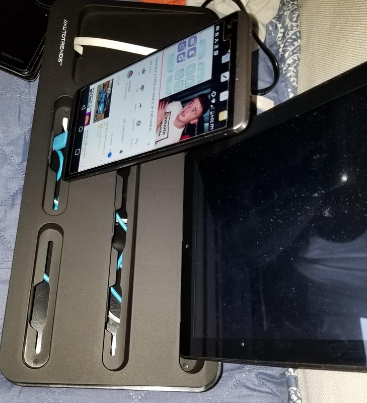 Phone USB pushing out of the box and iPad tips over.
