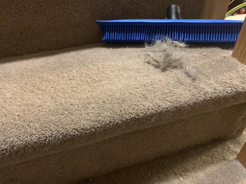 Picture two is embarrassing but you can see what comes up that the vacuum misses . It has been a few weeks and 3 kitties . It’s much easier to sweep the stairs than vacuum - I use it with the post, my girl uses it by hand - both ways effective