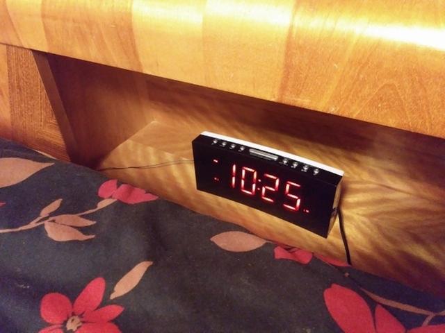 Brightest display setting for Sky Time dual alarm Clock Radio (in our bookcase headboard)