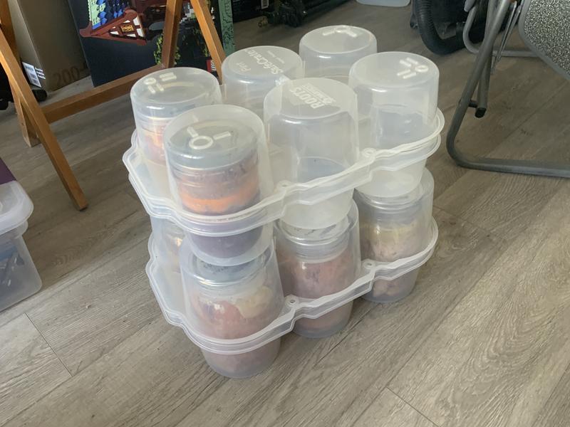 6 pint crate stacked on top of the quart crate.