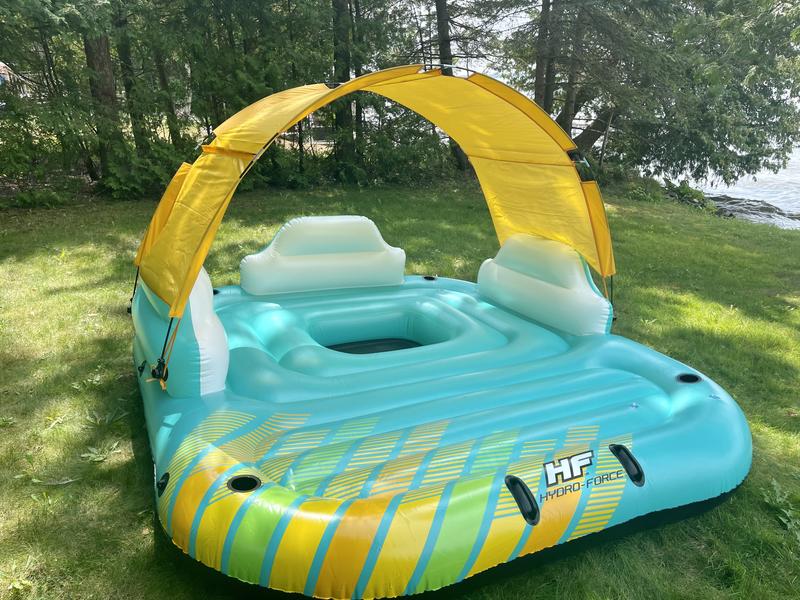 HydroForce™ Sunny Lounge Inflatable Floating River/Lake 6-Person Party  Island w/Sunshade, Green/Yellow