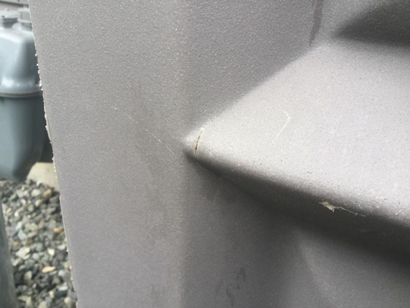 Split in barrel, Center of photo. Barrel is empty now, so not leaking.