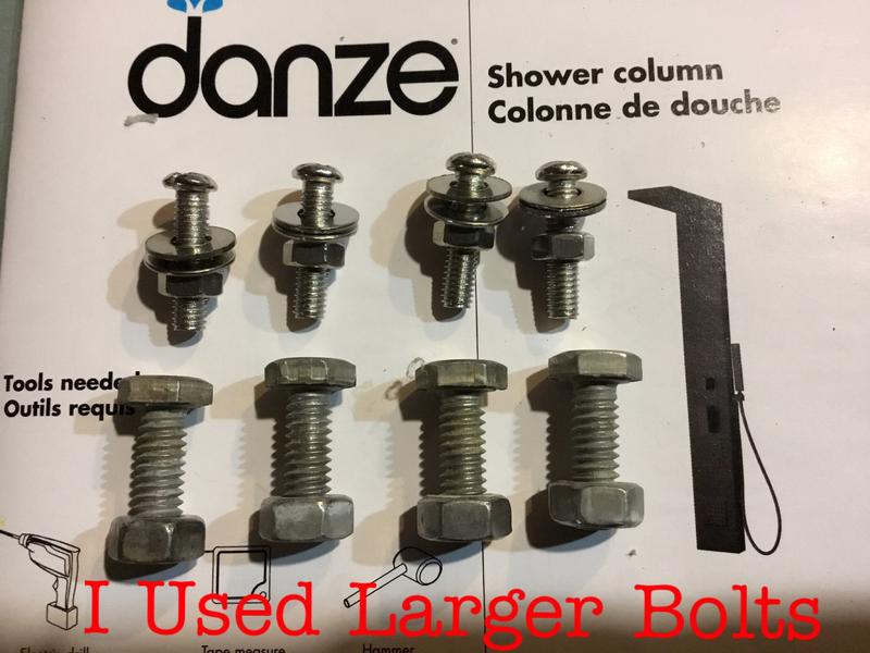 I used my own larger 1/4 inch ss bolts to hold on the upper shower head rack.