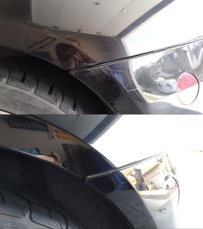 Above, scratches from a car cover, Below, mostly buffed out.
