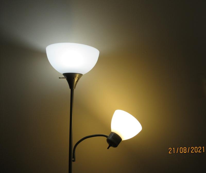 Blue light facing up, yellow in the reading lamp arm.