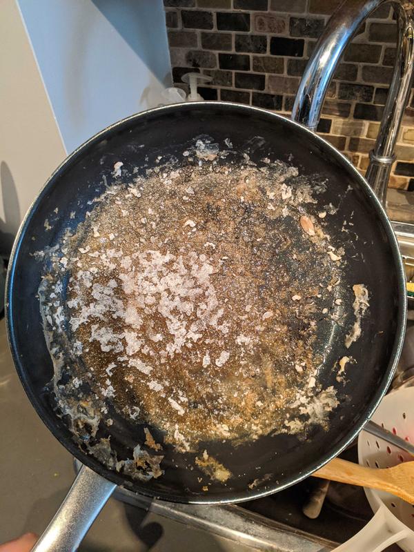 Tried to make scrambled eggs, used about 5 seconds worth of non-stick spray and this still happened.